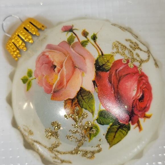 Vtg Christmas by Krebs Rose Ornaments Hand Decorated Glass Ball Crowned Set of 3 - Picture 5 of 16